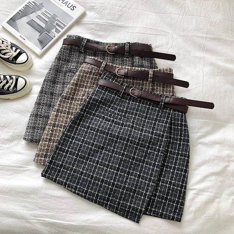 Korean Irregular Sweet High Waist A-line Mini Vintage Plaid Skirt Chic Sashes Summer Skater Skirt