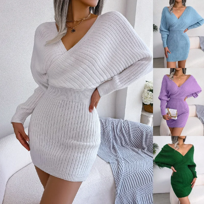 New In Mini Dress For Women 2022 Sexy Cross V-neck Solid Colors Lift Hip Evening Party Dresses Long Sleeve Skirt Sweater Dresses Elegant Mini Skirt