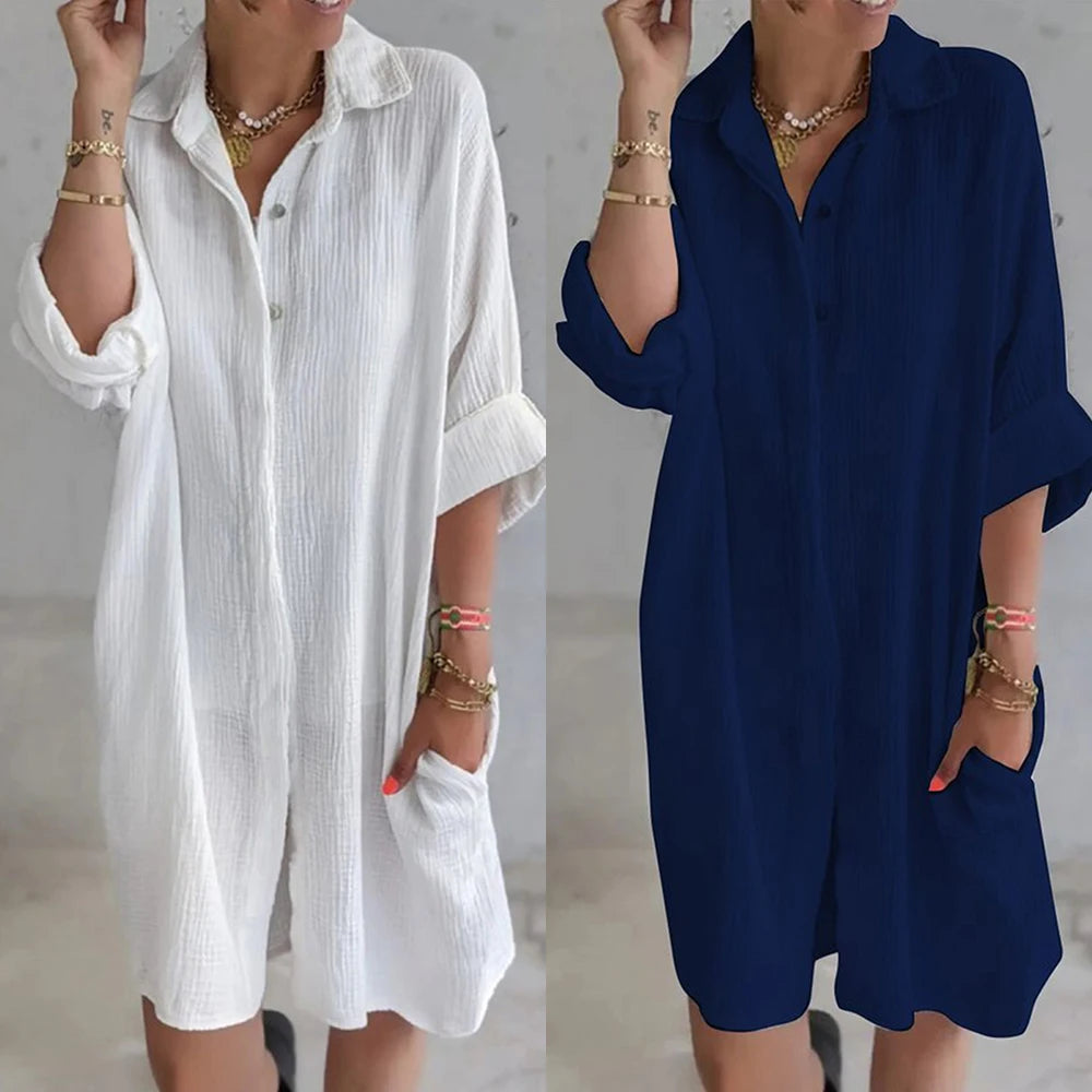 Plus Size Cotton Linen Shirt Dress for Women 2023 Large Size Short Mini Skirt Casual Autumn And Winter Female Clothing Vestido Mini Skirt Chic