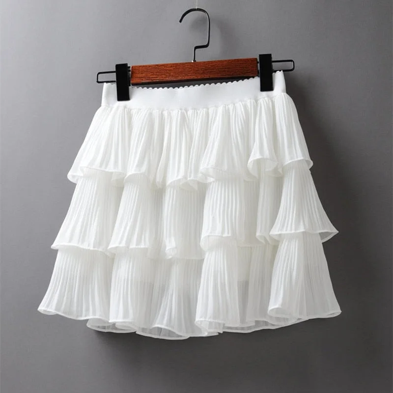 Women Elasticity Waist Mini Chiffon Solid Color Cake Pleated Skirt Ripped Mini Denim Skirt