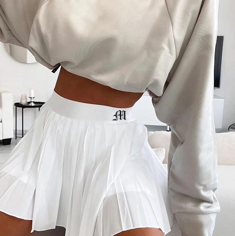 Women Pleated Shorts Letter Print High Waisted Mini Skirt Korean Preppy Style Stretch Mini Skirt