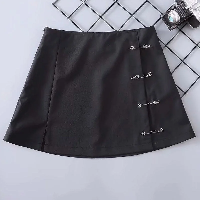 Women Side Split Brooch High Waist Side Zipper Short A-Line Mini Skirt High-Waisted Skater Skirt