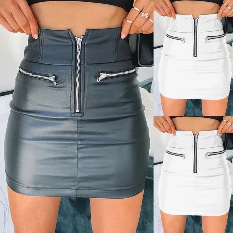 Womens PU Leather Zipper High Waist Pencil Bodycon Short Mini Skirt Pleated Mini Denim