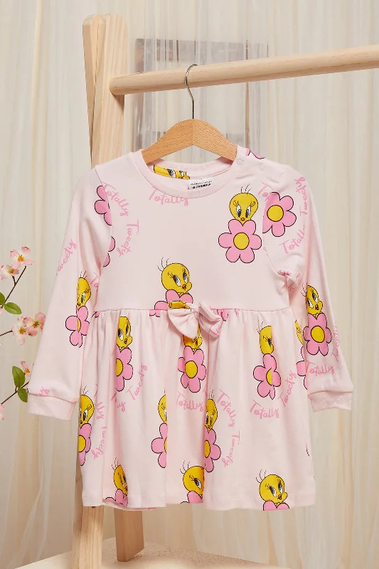 Infant Girls Pink Tweety Print Long Sleeve Knit Dress Comfortable Long Skirt