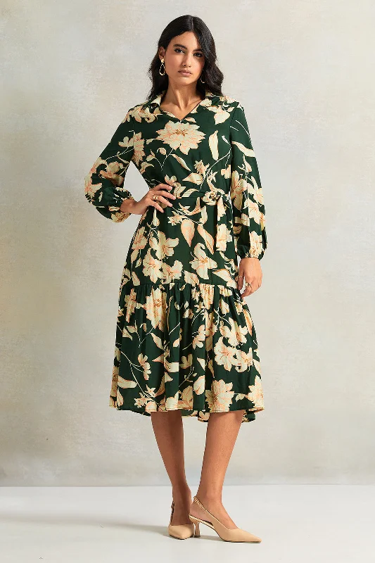 Women Green Printed Long Sleeve Dress Ruffled Maxi Skirt