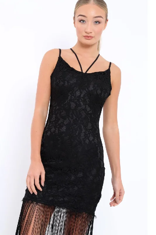 Black Lace Dress with Long Tassel Hems - Zana Soft Flow Maxi