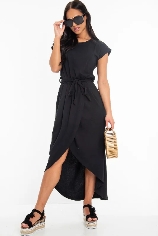 Black Scoop Neck Belted Wrap Maxi Dress - Allie Bold Maxi Skirt