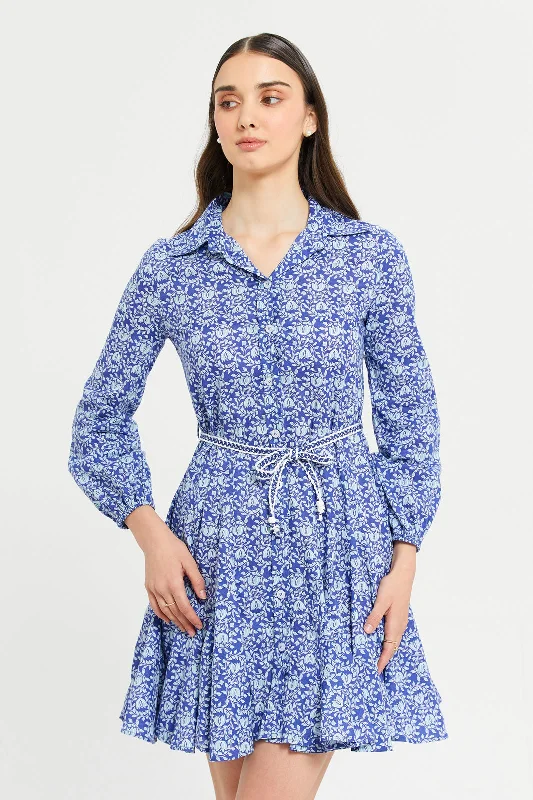 Women Blue Printed Long Sleeve Dress Floral A-line Skirt