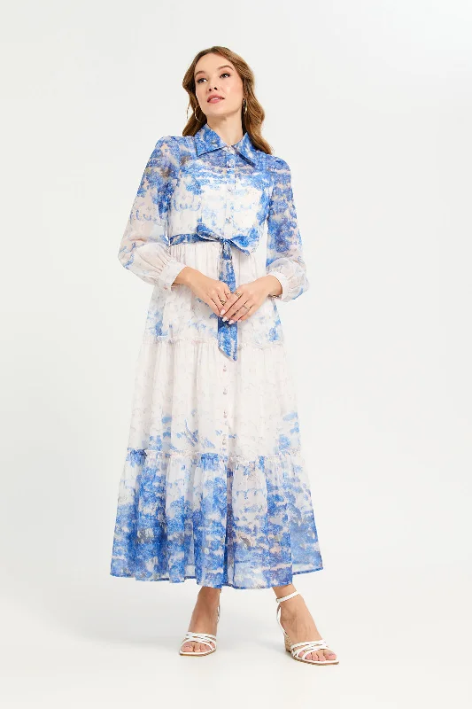 Women Blue Printed Collared Belted Long Dress Casual Long Skirt