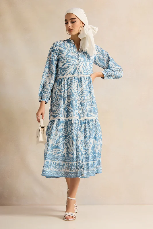 Women Blue Printed Maxi Dress Pleated Floral Maxi