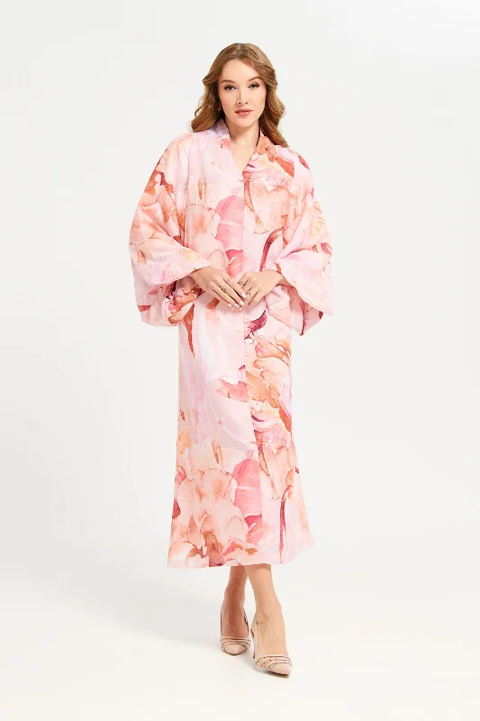 Women Pink Printed Long Sleeve Dress Maxi Skirt Trend