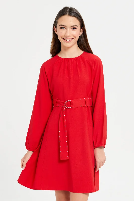 Senior Girls Red Long Sleeve Twill Dress With Studded Belt Full Maxi Skirt