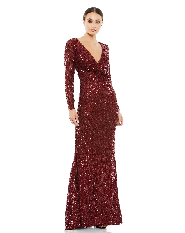 Sequined Faux Wrap Long Sleeve Column Gown Strapless Sequin Dress