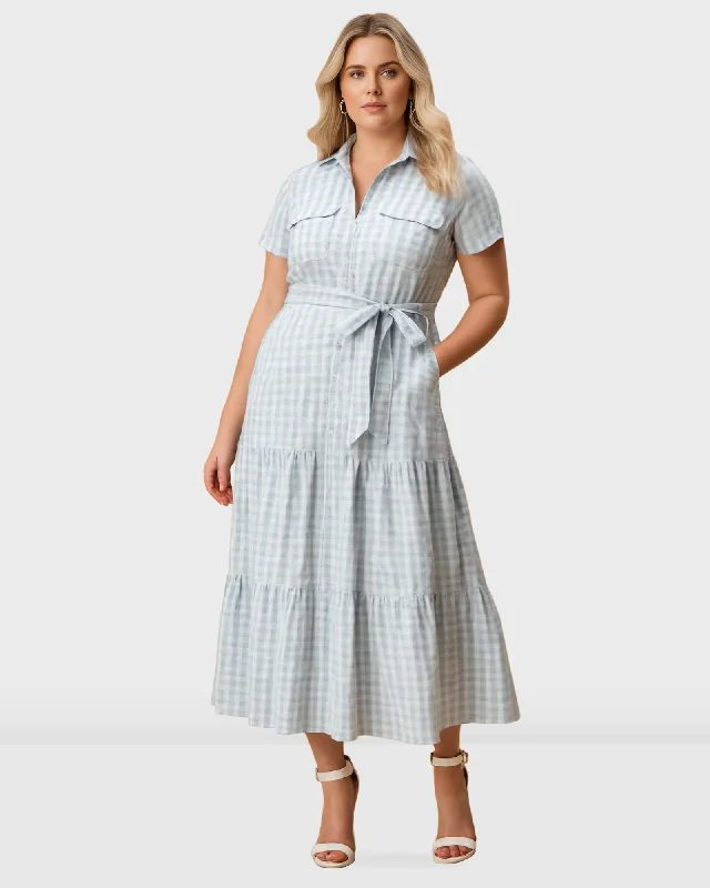 Seersucker Stripe Cotton Ruched Tier Shirt Dress |  Sky Blue Vintage Shirt Dress