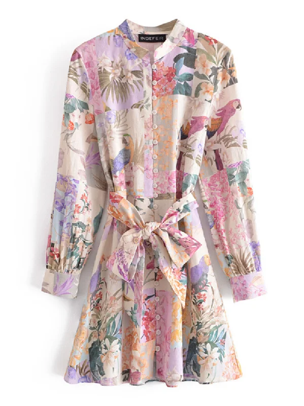 Women's Every stylish Girl Wear Printed Belt Shirt dress Classic Shirt Gown