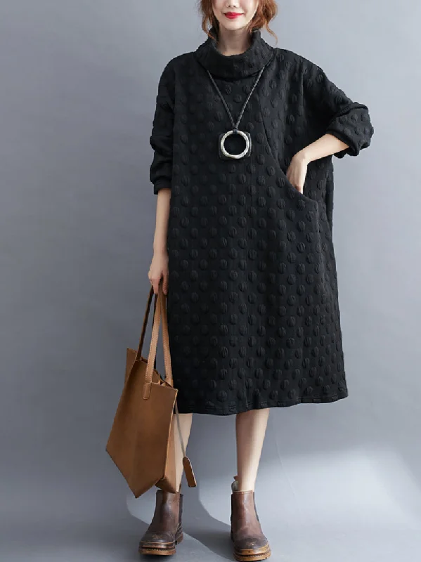 Women's  Polka Dot High Collar Mid-Length Shirt Dress Long Sleeve Shirt