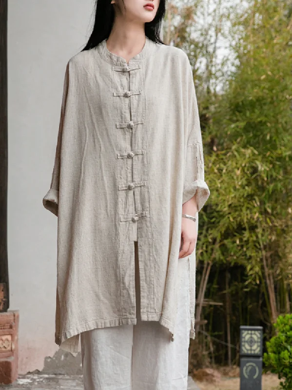 Women's Stylish Plate Button Loose Vintage Shirt Dress Cotton Shirt Dress